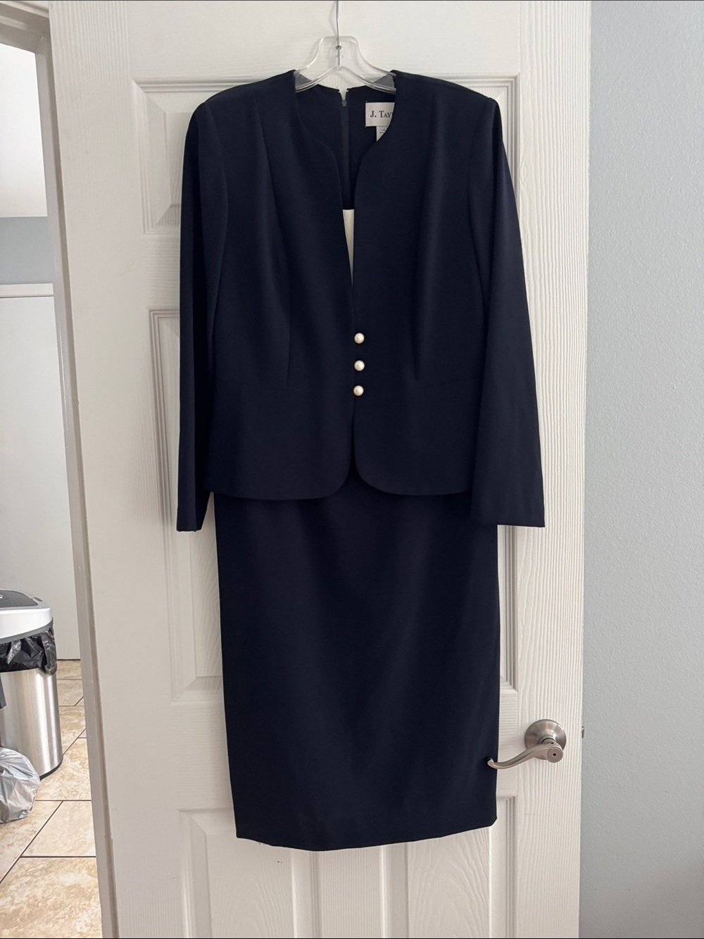 Navy blue High-Low Dress that looks like a suit.